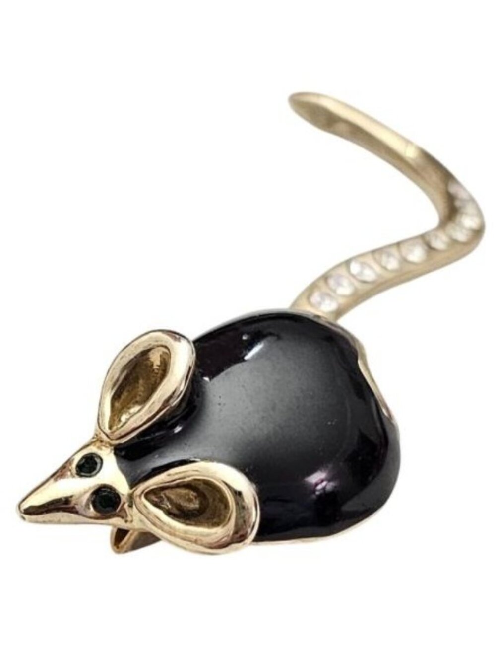 Vintage Mouse Brooch Black Enamel Green Rhinestone Articulated Tail Pin J901